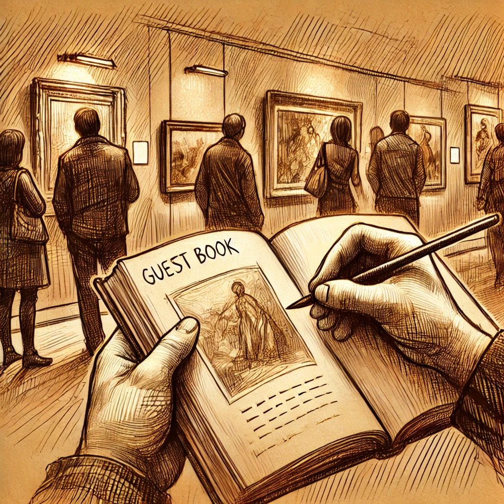 A hand-drawn, warm-toned illustration of people at a cultural event enjoying a live artistic performance, discussing exhibits, and connecting over shared appreciation for art.