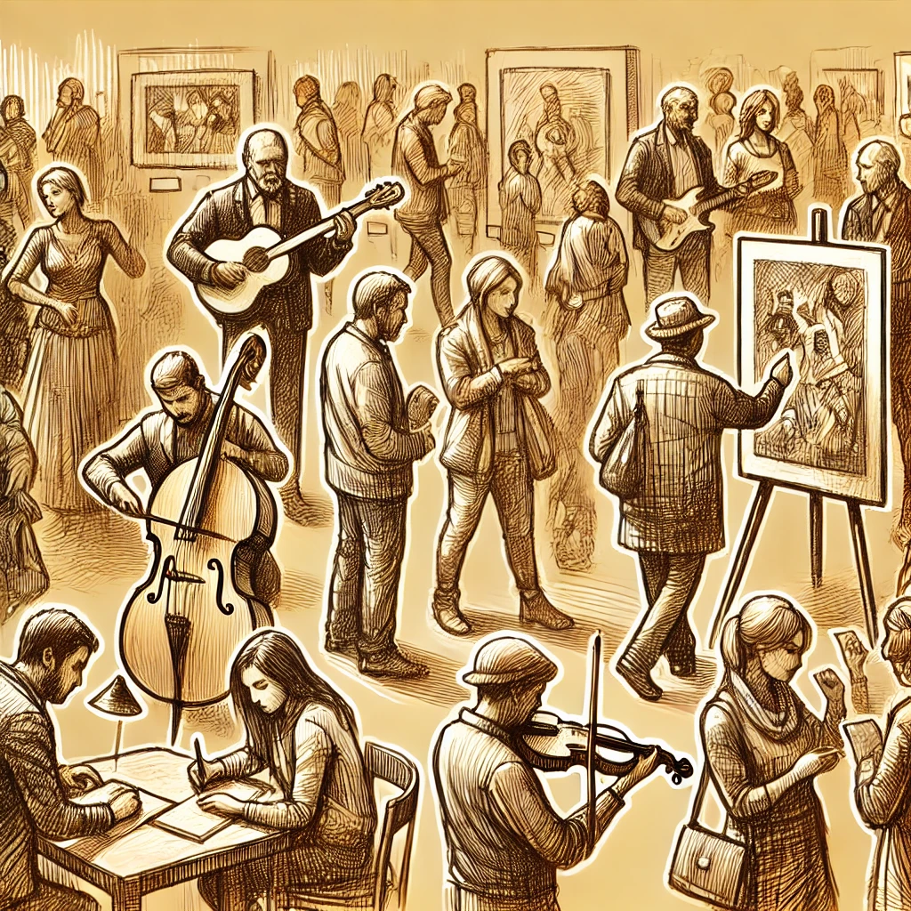 A hand-drawn, warm-toned illustration of visitors interacting with an art exhibit.